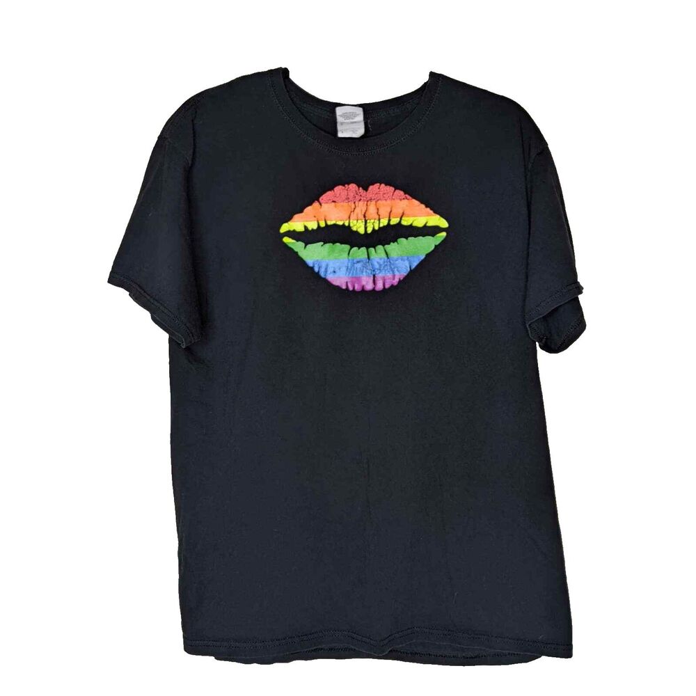 Fruit of the Loom T-Shirt Mens Large Rainbow Lips Black HD Cotton